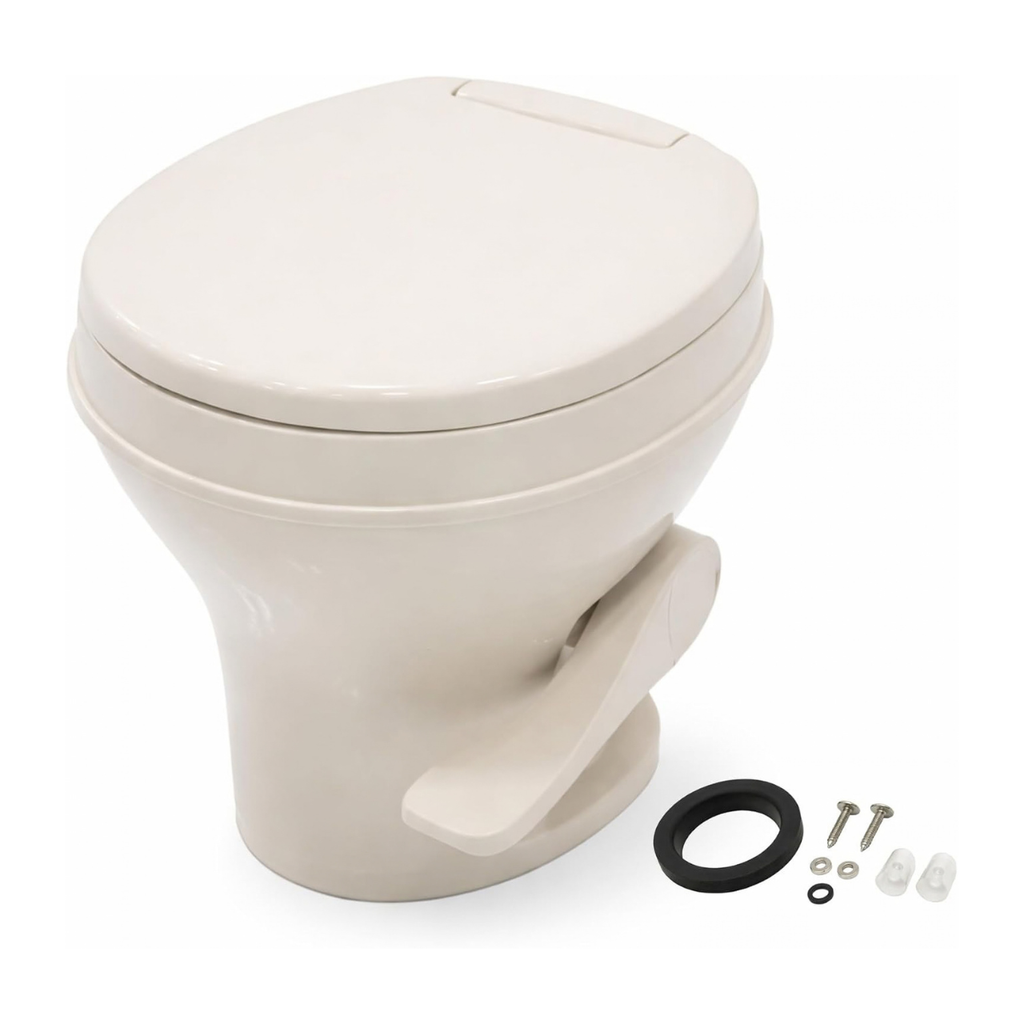 SEAFLO RV Toilet - Standard Height, Gravity Flush, Foot Pedal, Soft Close Lid (Bone Color)