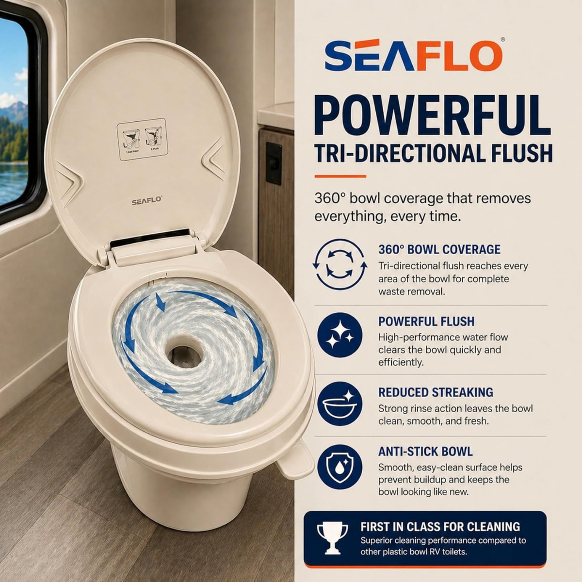 SEAFLO RV Toilet - Standard Height, Gravity Flush, Foot Pedal, Soft Close Lid (Bone Color)