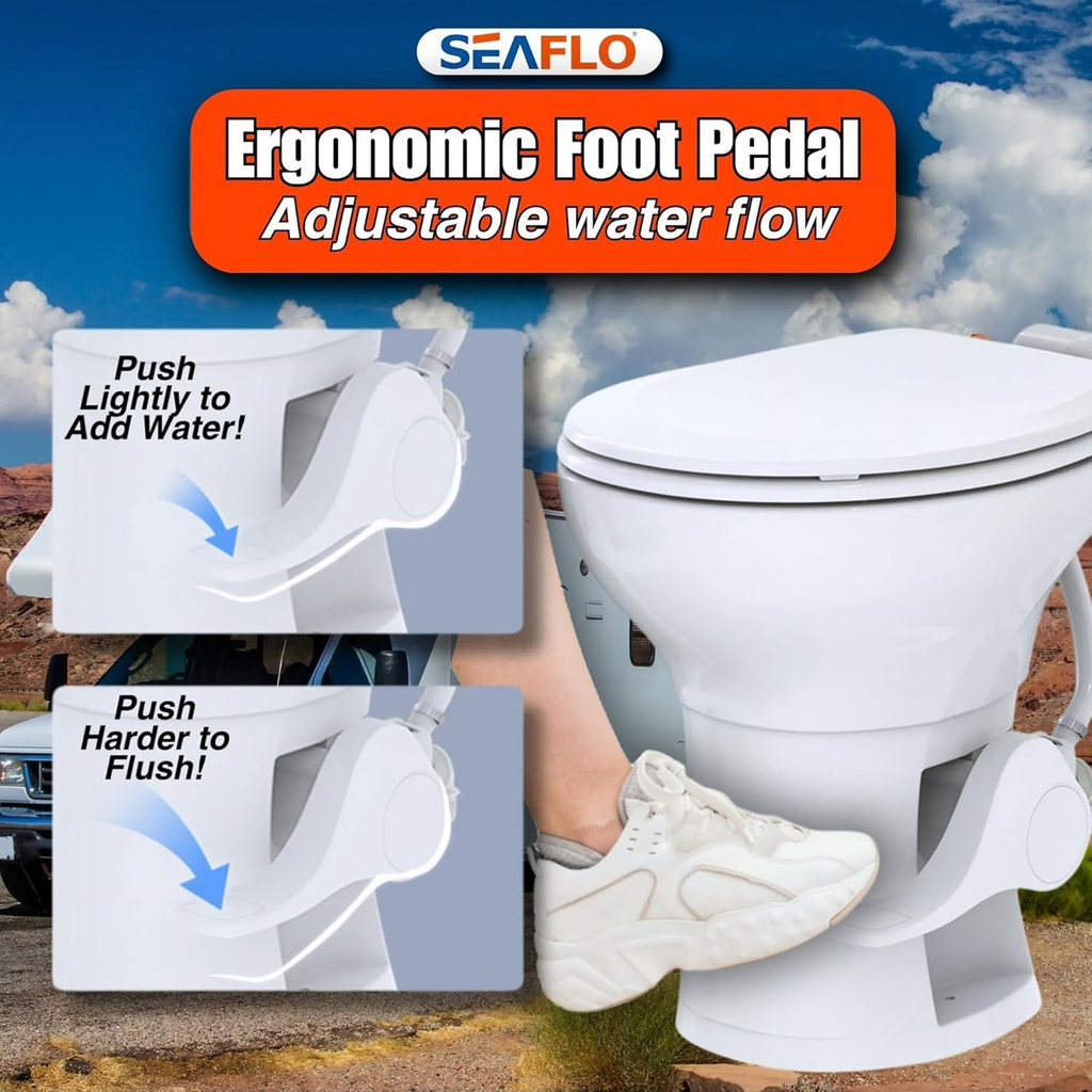 SEAFLO Porcelain RV Toilet with Sprayer Attachment - Elongated Bowl 19” Inch Residential Height, Gravity Flush, Foot Pedal Soft Close Seat Camper Motorhome Easy Install