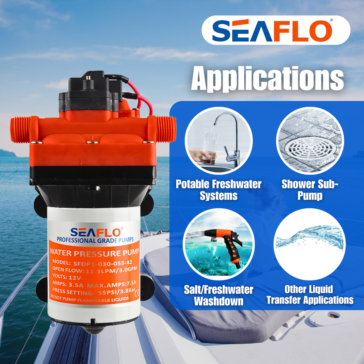 SEAFLO 42-Series Diaphragm Water Pressure Pump (3.0 GPM | 55 PSI) (Choose 12V or 24V)