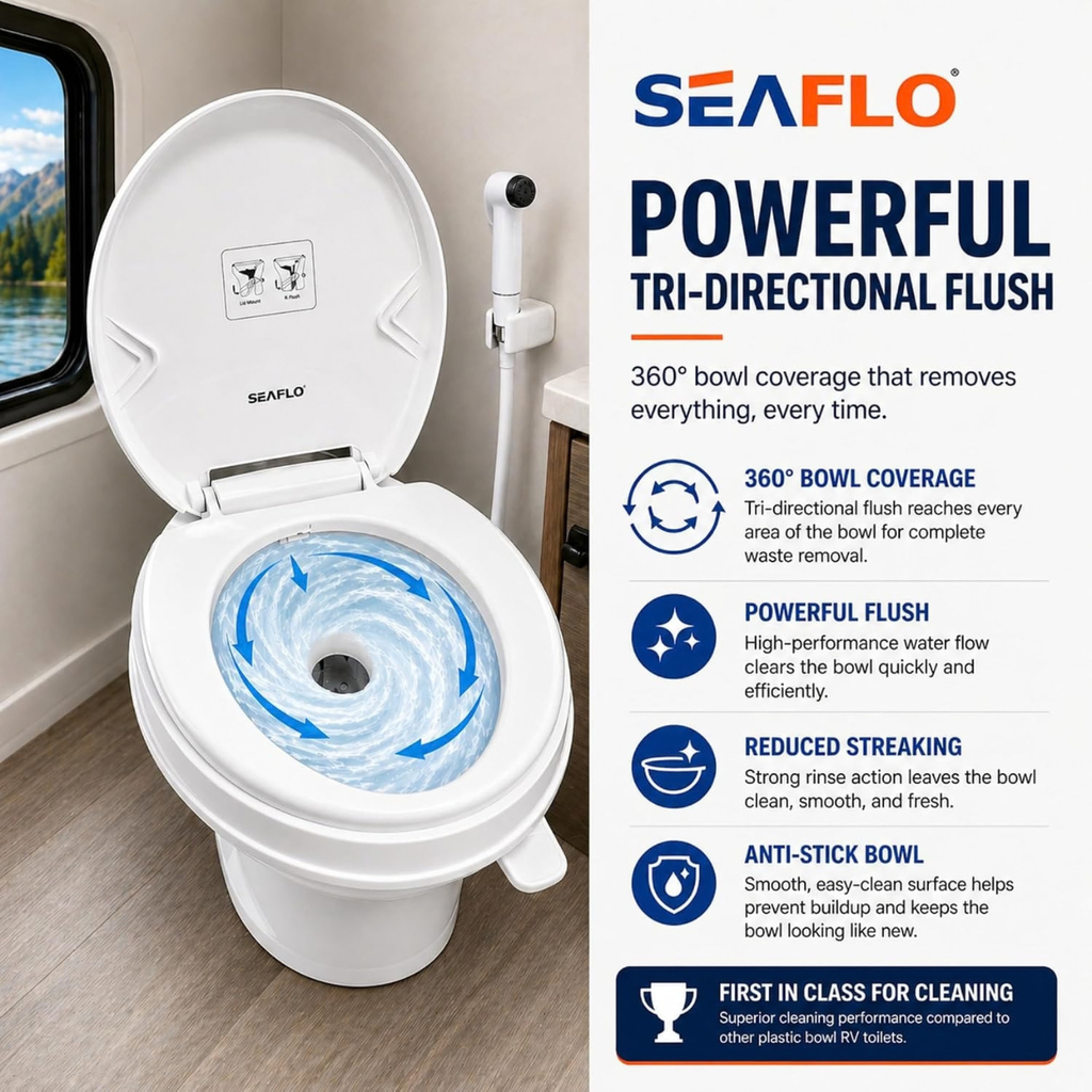 SEAFLO Residential-Height Gravity-Flush Soft-Close RV Toilet with Sprayer Attachment