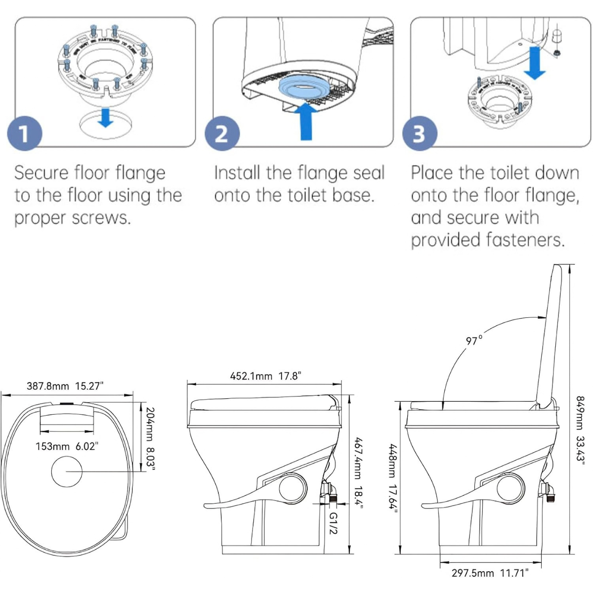 SEAFLO RV Toilet - Standard Height, Gravity Flush, Foot Pedal, Soft Close Lid (Bone Color)