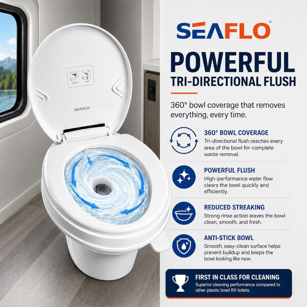 SEAFLO Residential Height Camper/RV Toilet, 18.5” Standard Height, Gravity Flush System, Foot Pedal Operation, Soft Close Seat, Easy-to-Clean Oversized Bowl (Color: White)