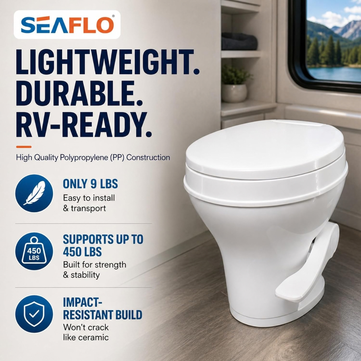 SEAFLO Residential Height Camper/RV Toilet, 18.5” Standard Height, Gravity Flush System, Foot Pedal Operation, Soft Close Seat, Easy-to-Clean Oversized Bowl (Color: White)