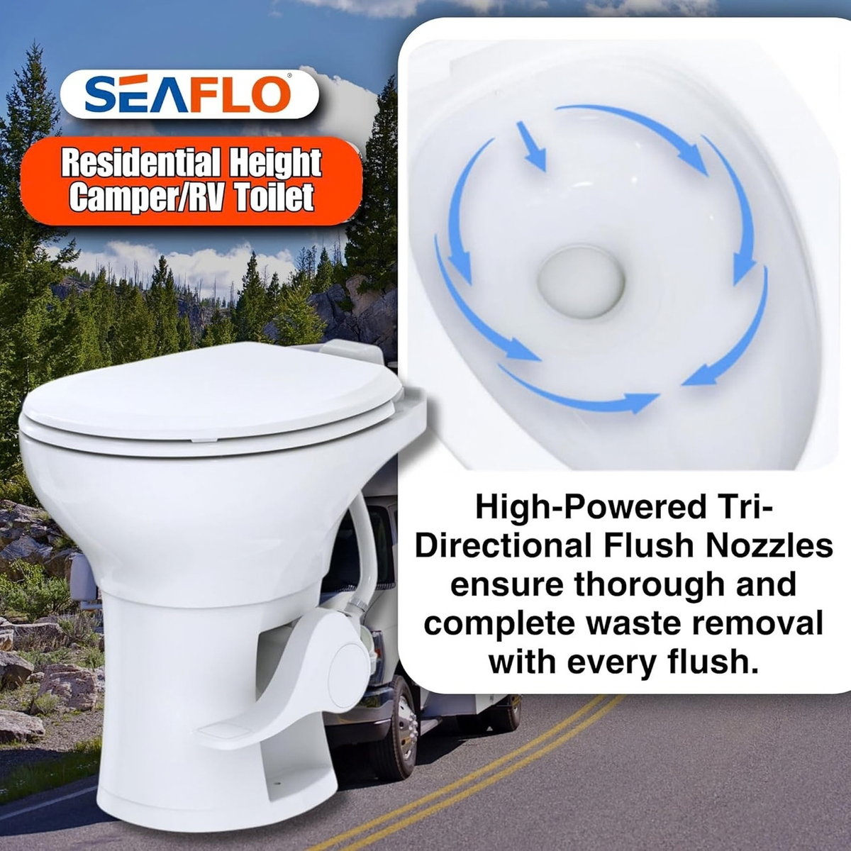 SEAFLO Porcelain RV Toilet with Sprayer Attachment - Elongated Bowl 19” Inch Residential Height, Gravity Flush, Foot Pedal Soft Close Seat Camper Motorhome Easy Install