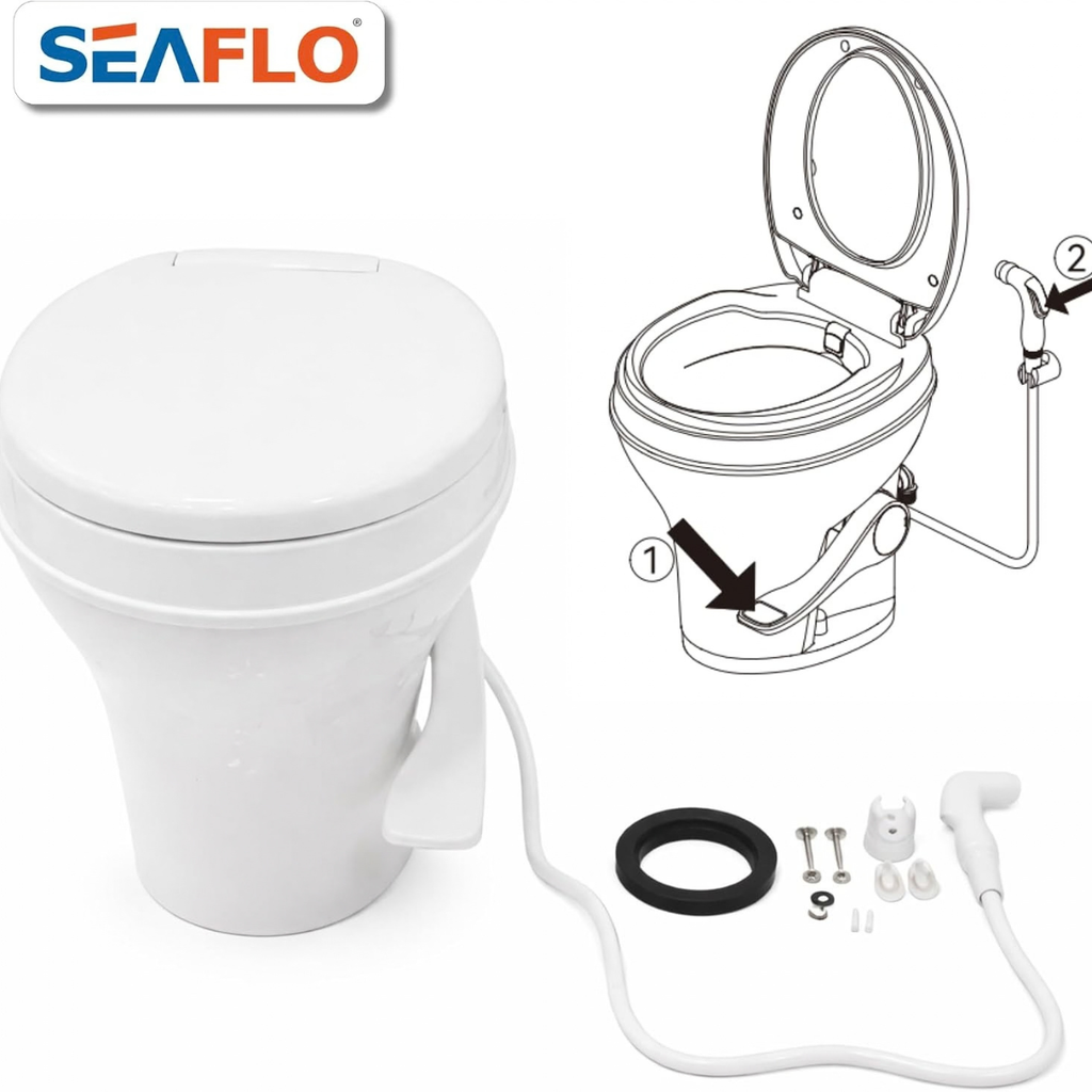 SEAFLO Residential-Height Gravity-Flush Soft-Close RV Toilet with Sprayer Attachment