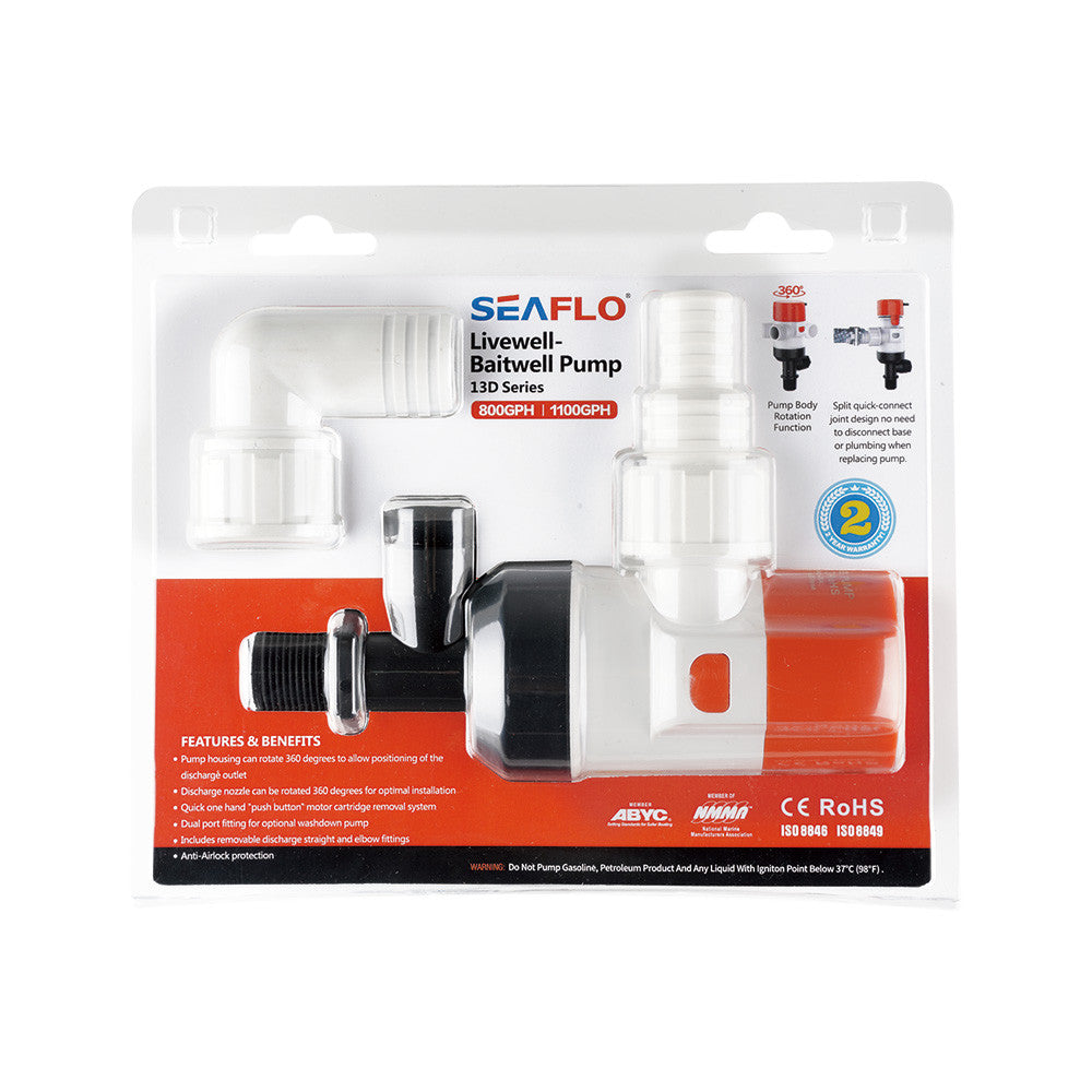 13D Series 1100GPH Livewell/Baitwell Pumps (Choose 12V or 24V)