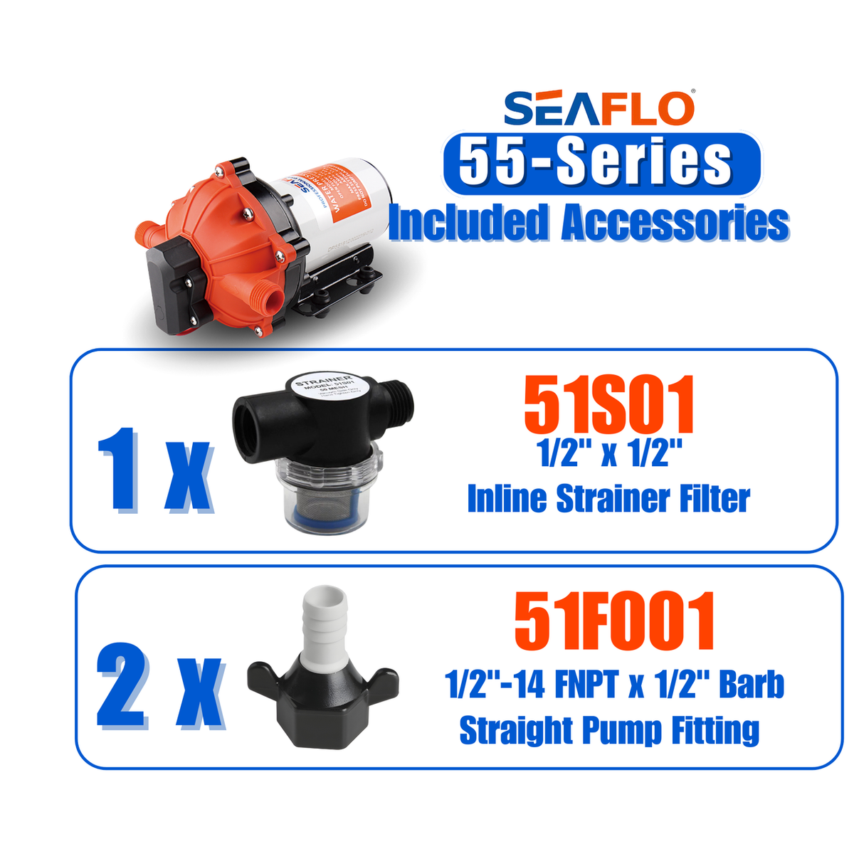 SEAFLO 55-Series Diaphragm Water Pressure Pump - with HEAVY DUTY PRESSURE SWITCH (5.5 GPM | 60 PSI) (Choose 12V, or 24V)