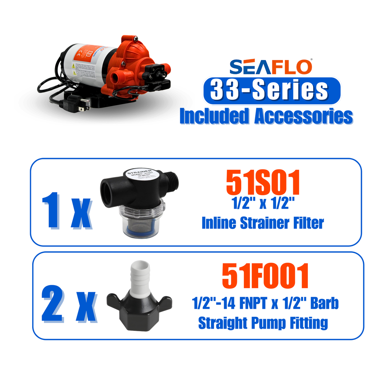 SEAFLO 33-Series On-Demand Diaphragm Water Pressure Pump (115V | 3.3 GPM) w/ Power Plug for Wall Outlet