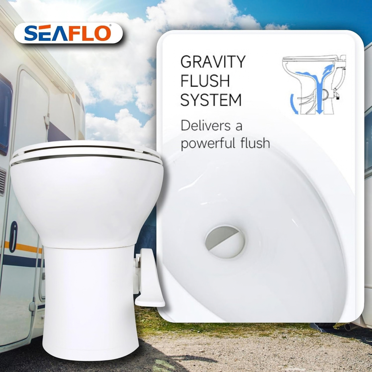 SEAFLO Porcelain RV Toilet with Sprayer Attachment - Elongated Bowl 19” Inch Residential Height, Gravity Flush, Foot Pedal Soft Close Seat Camper Motorhome Easy Install