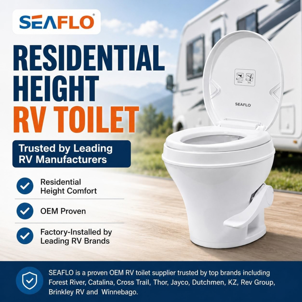 SEAFLO Residential Height Camper/RV Toilet, 18.5” Standard Height, Gravity Flush System, Foot Pedal Operation, Soft Close Seat, Easy-to-Clean Oversized Bowl (Color: White)