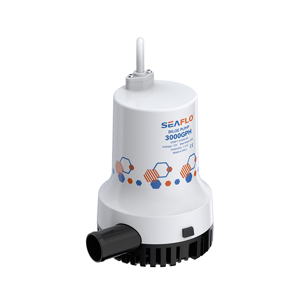 SEAFLO 2500/3000 GPH Bilge Pump 12V/24V Submersible Marine Boat Accessory with 1-1/8" Discharge, Anti-Airlock, Reliable Ignition Protection, Silent Operation, Easy-Clean Strainer - Rust/Corrosion Resistant