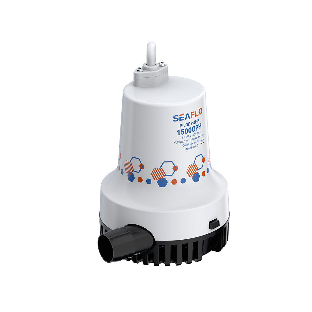 SEAFLO 1500/2000 GPH Bilge Pump 12V/24V Submersible Marine Boat Accessory with 1-1/8" Discharge, Anti-Airlock, Reliable Ignition Protection, Silent Operation, Easy-Clean Strainer - Rust/Corrosion Resistant