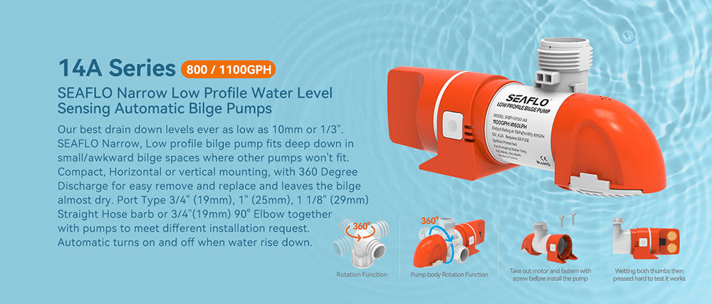 SEAFLO 14A Series 1100 GPH Automatic Low Profile Water Sensing Bilge Pump (Choose 12V or 24V)