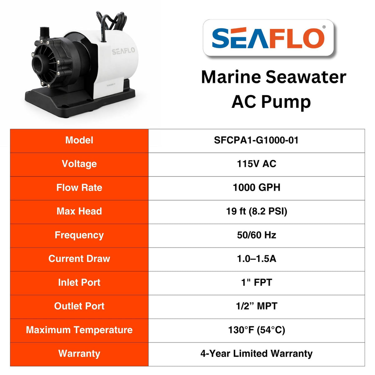 SEAFLO 1000 GPH Air Conditioning Pump 115V Marine AC 16.6 GPM Magnetic Drive Circulation for Systems up to 45000 BTU 26.9 ft Head Continuous Duty HVAC Pump