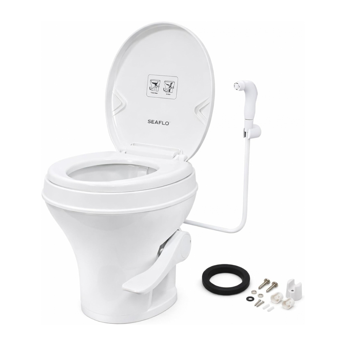 SEAFLO Residential-Height Gravity-Flush Soft-Close RV Toilet with Sprayer Attachment