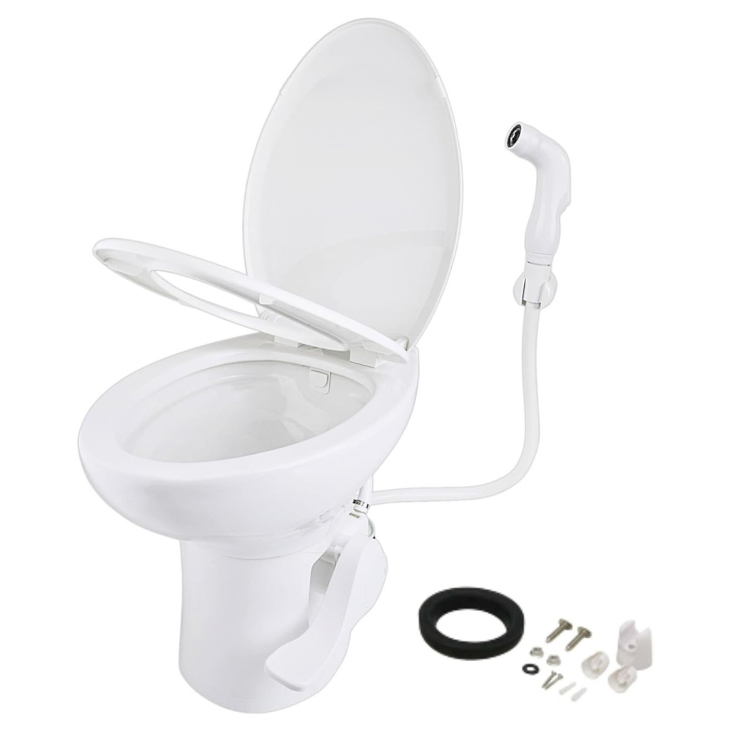 SEAFLO Porcelain RV Toilet with Sprayer Attachment - Elongated Bowl 19” Inch Residential Height, Gravity Flush, Foot Pedal Soft Close Seat Camper Motorhome Easy Install