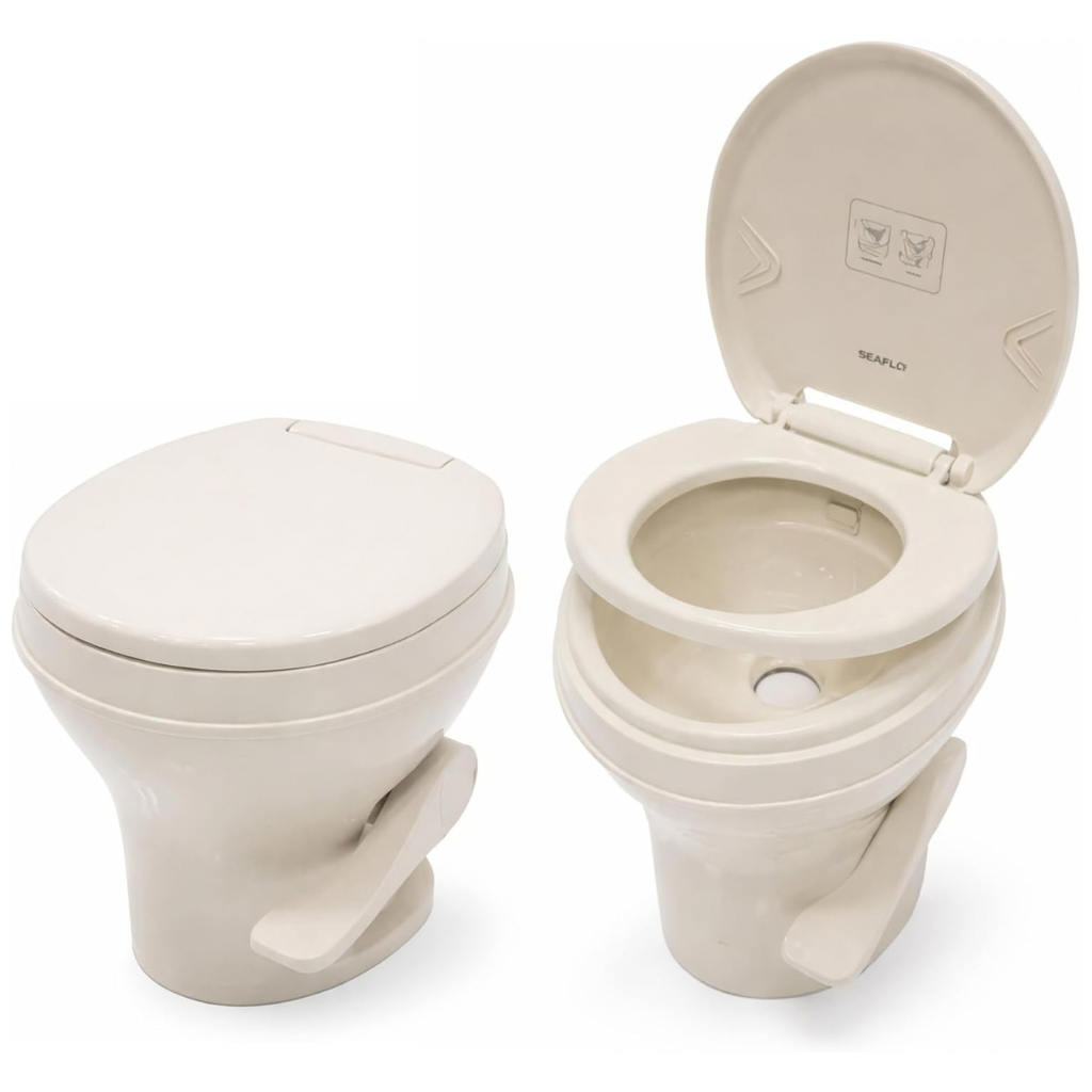 SEAFLO RV Toilet - Standard Height, Gravity Flush, Foot Pedal, Soft Close Lid (Bone Color)