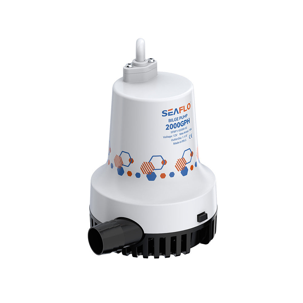 SEAFLO 1500/2000 GPH Bilge Pump 12V/24V Submersible Marine Boat Accessory with 1-1/8" Discharge, Anti-Airlock, Reliable Ignition Protection, Silent Operation, Easy-Clean Strainer - Rust/Corrosion Resistant