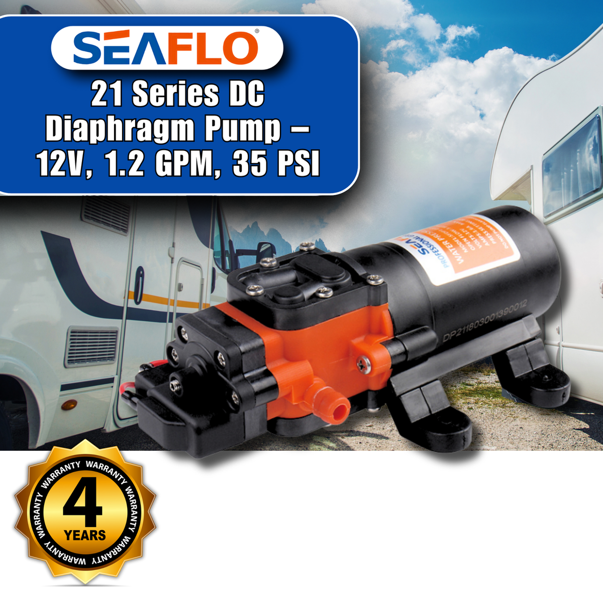 SEAFLO 21-Series On Demand Diaphragm Water Pressure Pump (1.2 GPM | 35 PSI) (Choose 12V or 24V)