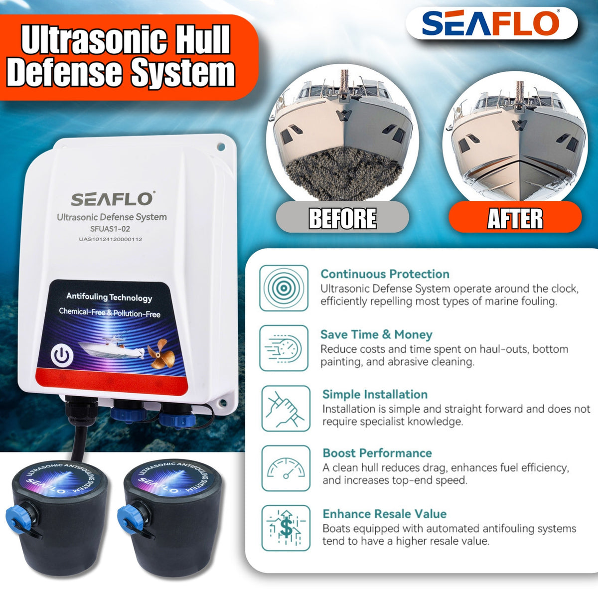Hull Shield, does hull shield work,  hull shield hd1 SEAFLO Ultrasonic System, marine ultrasonic cleaner, barnacle prevention system, marine growth protection, automated boat cleaning, ultrasonic hull cleaner, boat hull cleaning system, yacht ultrasonic system, marine equipment maintenance, 12V ultrasonic defense system, long-term marine maintenance solution, Hull-Shield,  SFUAS1-02