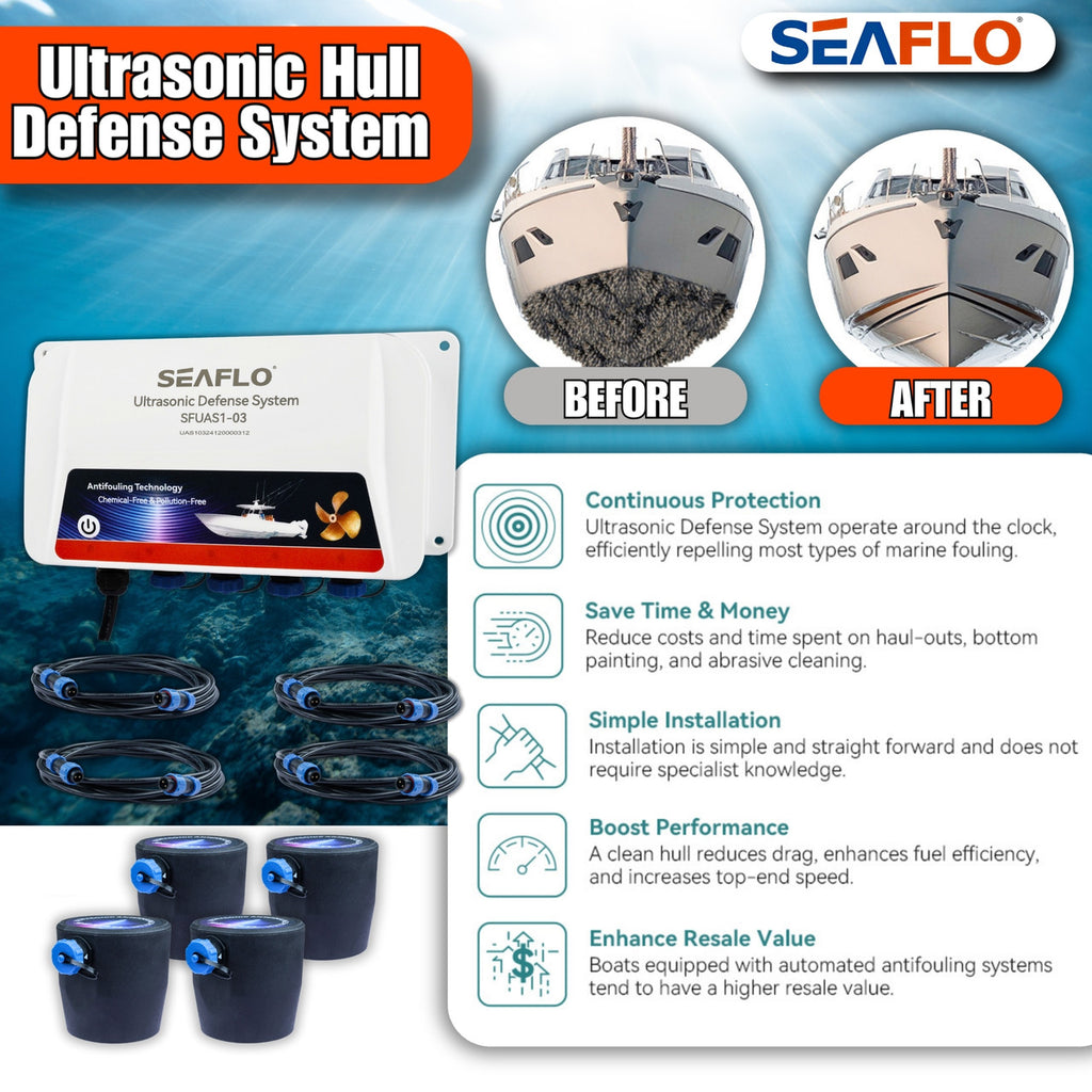 SEAFLO Ultrasonic Defense System - Fully Automated Ultrasonic Barnacle Repelling System for Boats and Yachts | 4 Transducer System | Covers 200 sq. ft. | 4-Year Warranty
