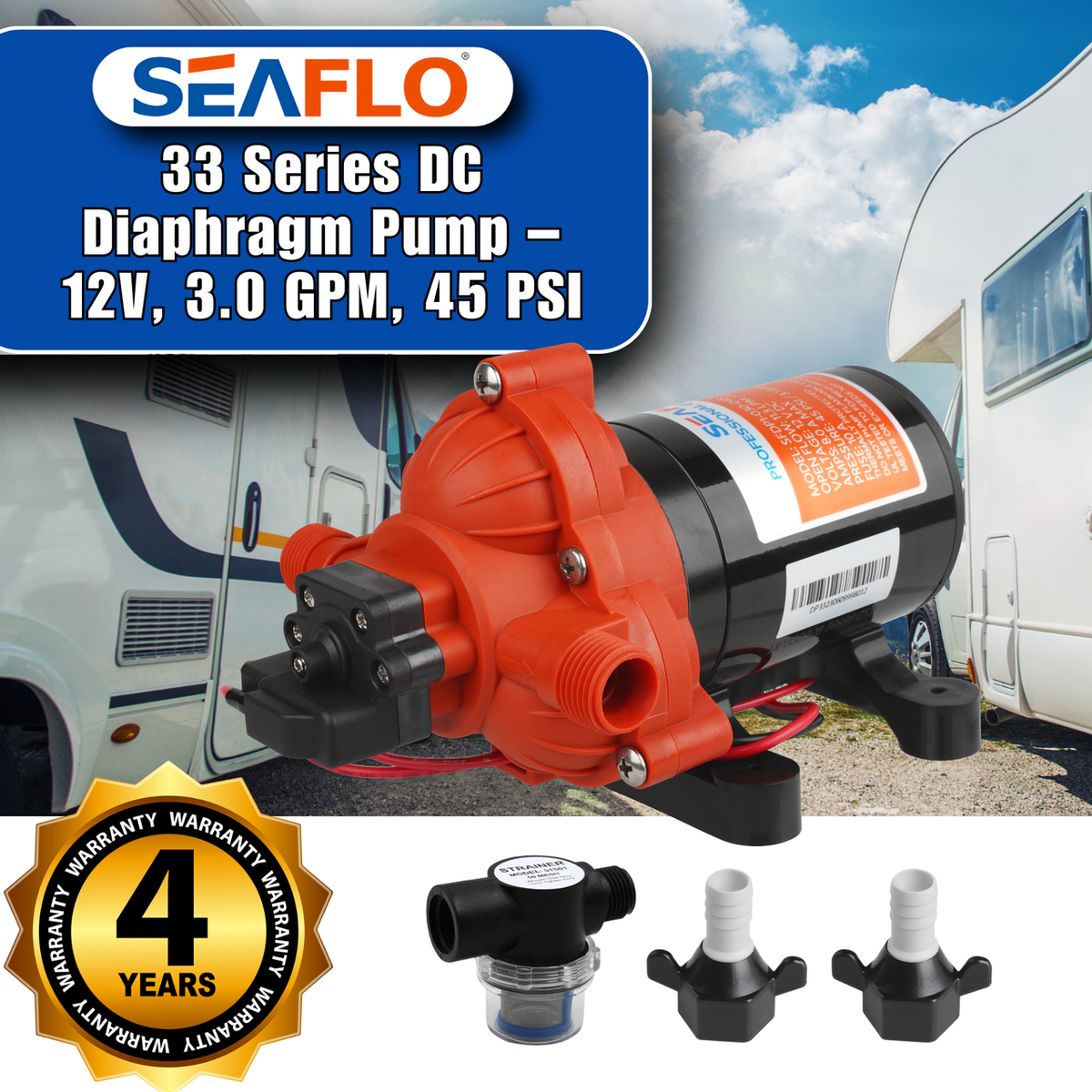 SEAFLO 33-Series Diaphragm Water Pressure Pump - 3.0 GPM | 45 PSI (Choose 12V or 24V)
