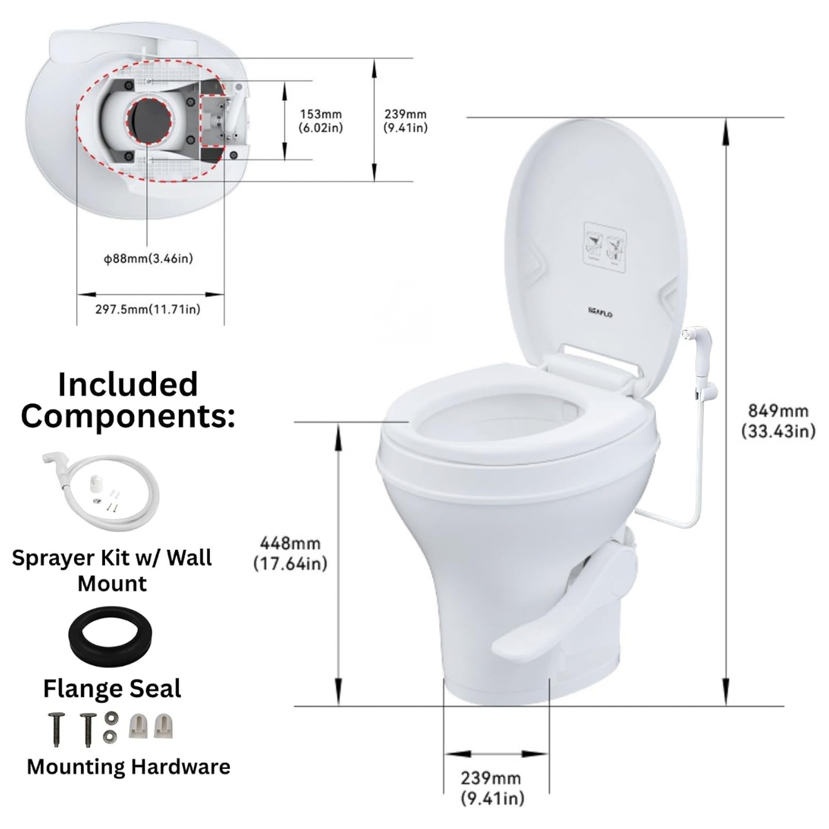 SEAFLO Residential-Height Gravity-Flush Soft-Close RV Toilet with Sprayer Attachment