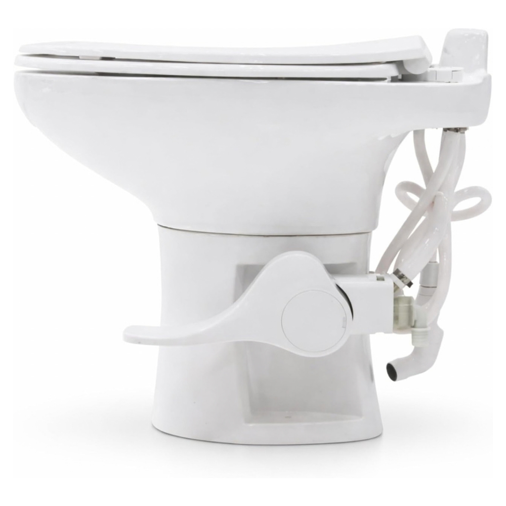 SEAFLO Porcelain RV Toilet with Sprayer Attachment - Elongated Bowl 19” Inch Residential Height, Gravity Flush, Foot Pedal Soft Close Seat Camper Motorhome Easy Install