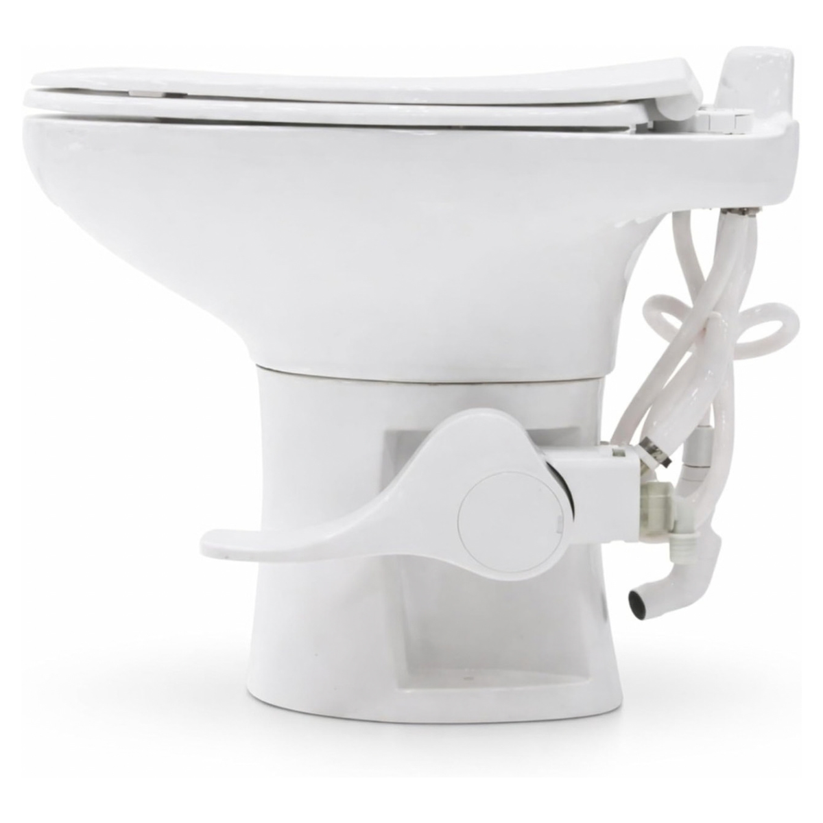 SEAFLO Porcelain RV Toilet with Sprayer Attachment - Elongated Bowl 19” Inch Residential Height, Gravity Flush, Foot Pedal Soft Close Seat Camper Motorhome Easy Install