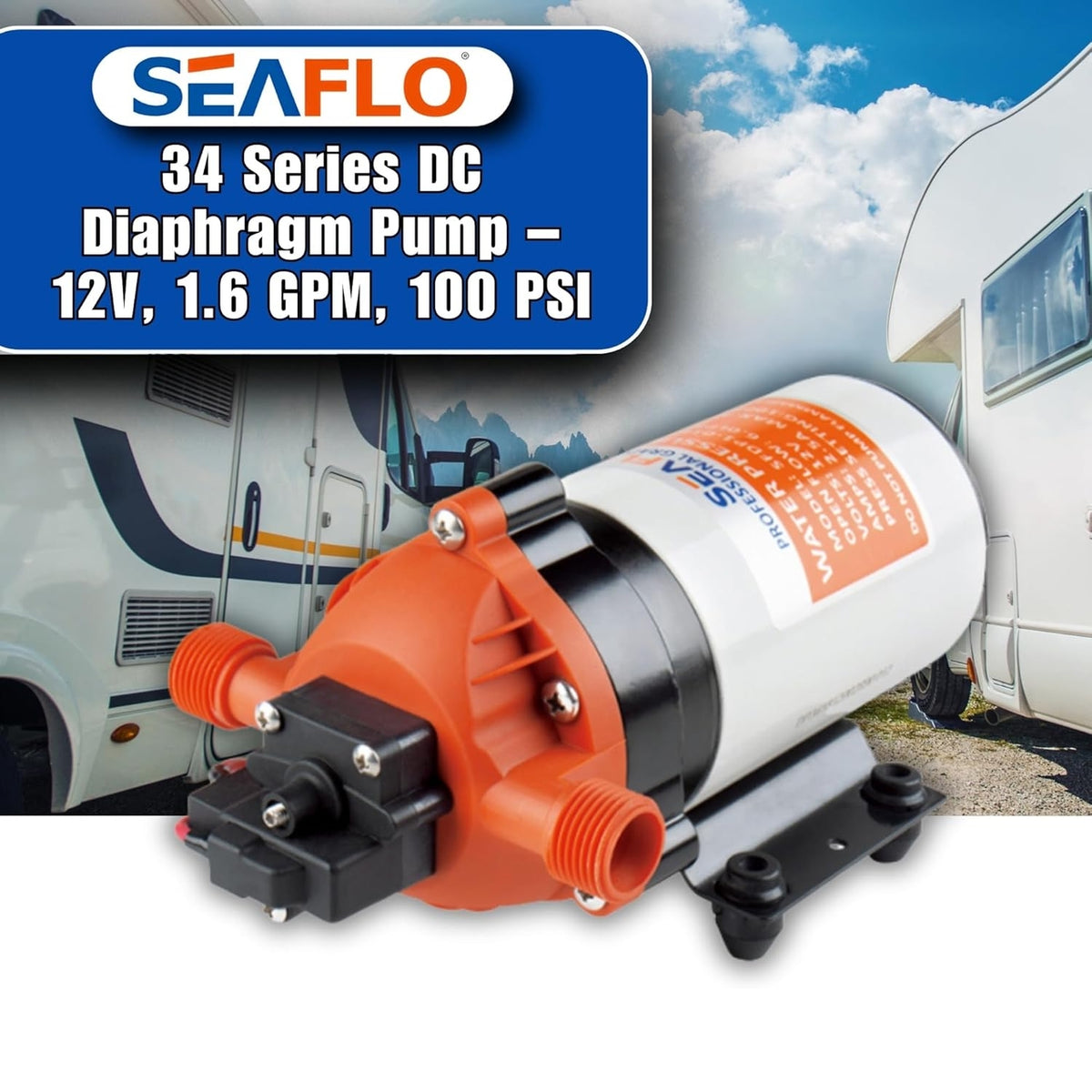 SEAFLO 34 Series Water Pressure Diaphragm Pump - Continuous Duty, Built-In Pressure Switch, Self-Priming, and 4-Year Warranty - 12V | 1.6 GPM | 100 PSI