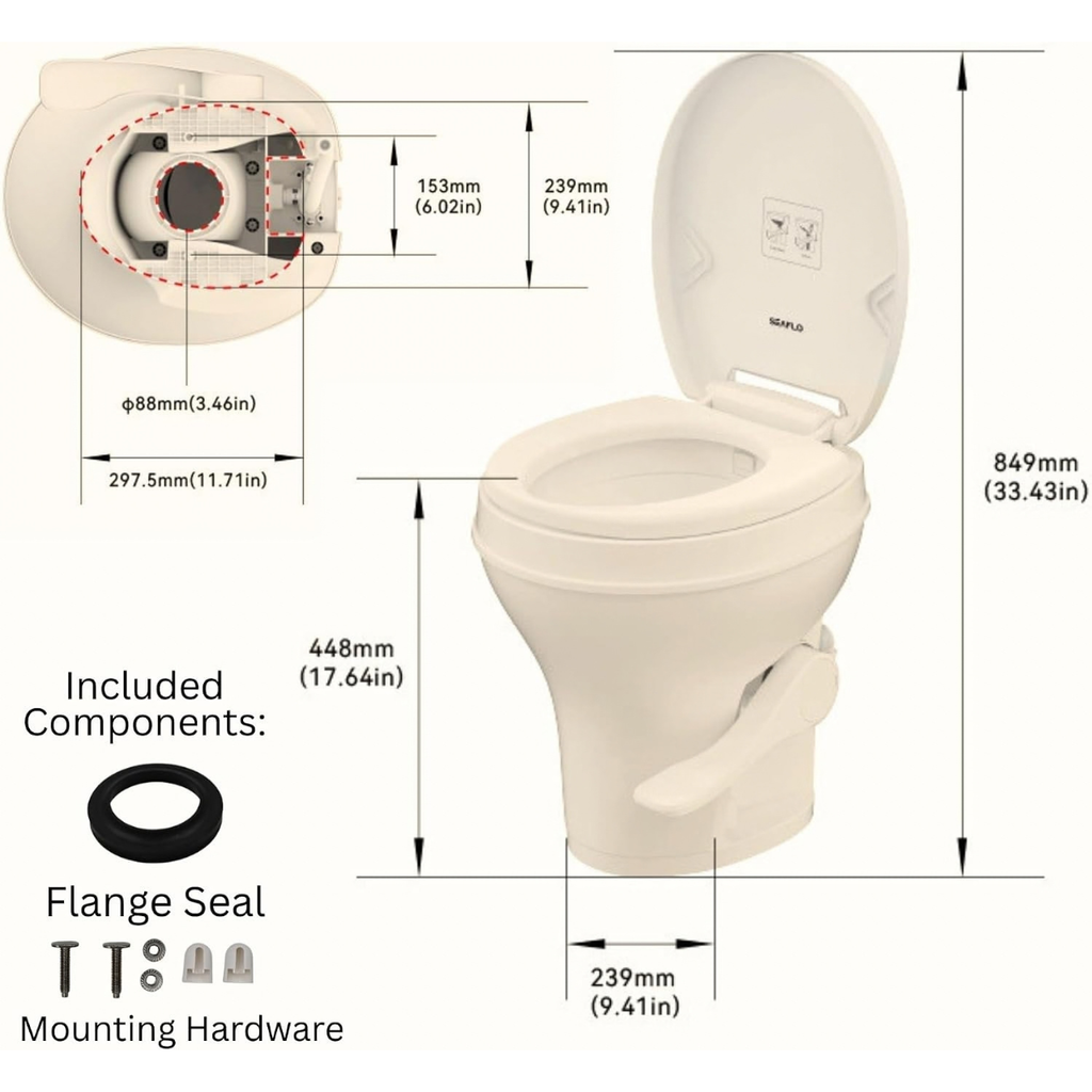 SEAFLO RV Toilet - Standard Height, Gravity Flush, Foot Pedal, Soft Close Lid (Bone Color)