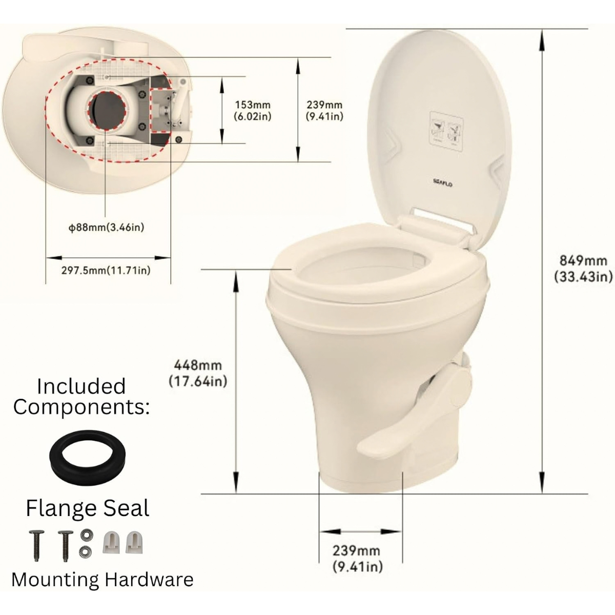SEAFLO RV Toilet - Standard Height, Gravity Flush, Foot Pedal, Soft Close Lid (Bone Color)