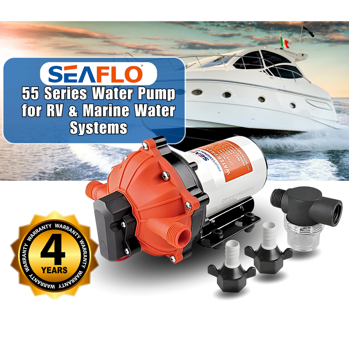 SEAFLO 55-Series Diaphragm Water Pressure Pump - with HEAVY DUTY PRESSURE SWITCH (5.5 GPM | 60 PSI) (Choose 12V, or 24V)