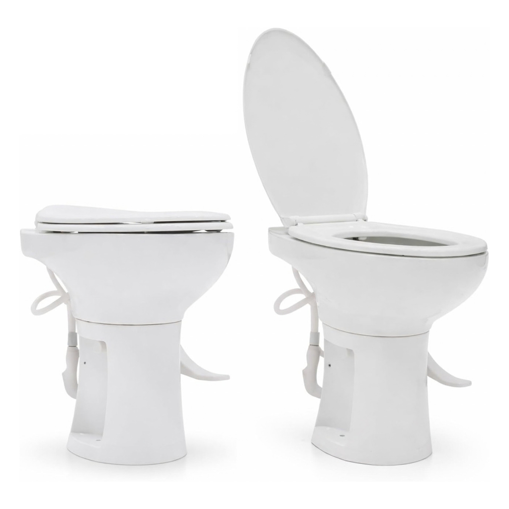 SEAFLO Porcelain RV Toilet with Sprayer Attachment - Elongated Bowl 19” Inch Residential Height, Gravity Flush, Foot Pedal Soft Close Seat Camper Motorhome Easy Install