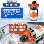 SEAFLO 34 Series Water Pressure Diaphragm Pump - Continuous Duty, Built-In Pressure Switch, Self-Priming, and 4-Year Warranty - 12V | 1.6 GPM | 100 PSI