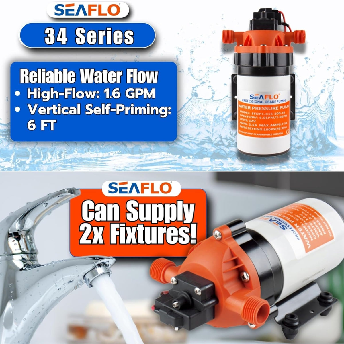 SEAFLO 34 Series Water Pressure Diaphragm Pump - Continuous Duty, Built-In Pressure Switch, Self-Priming, and 4-Year Warranty - 12V | 1.6 GPM | 100 PSI