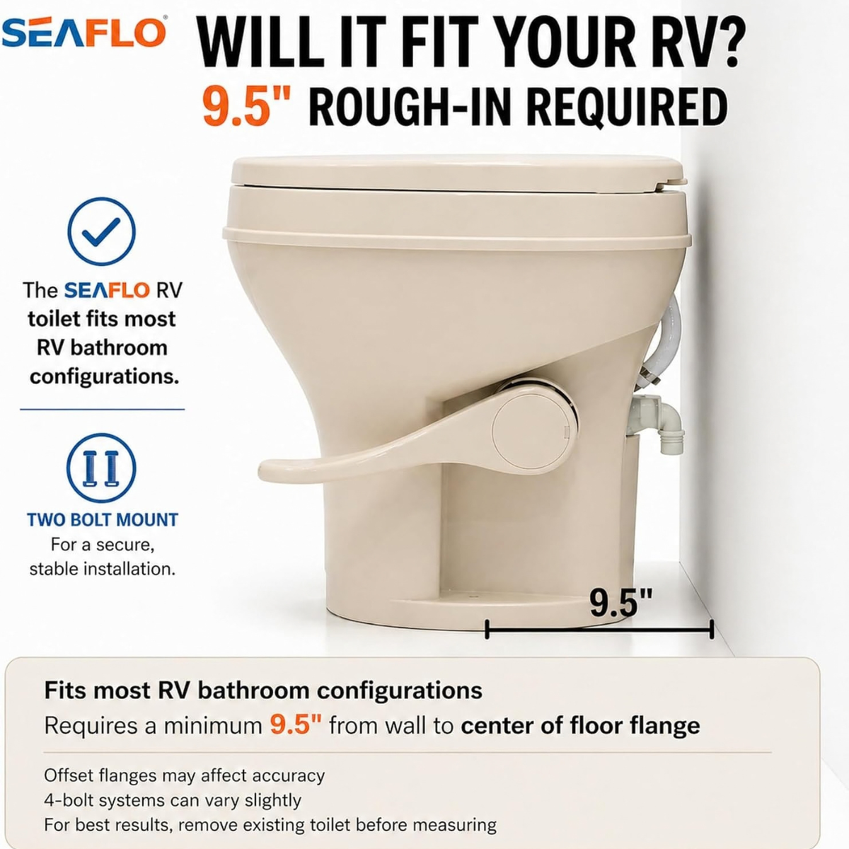 SEAFLO RV Toilet - Standard Height, Gravity Flush, Foot Pedal, Soft Close Lid (Bone Color)