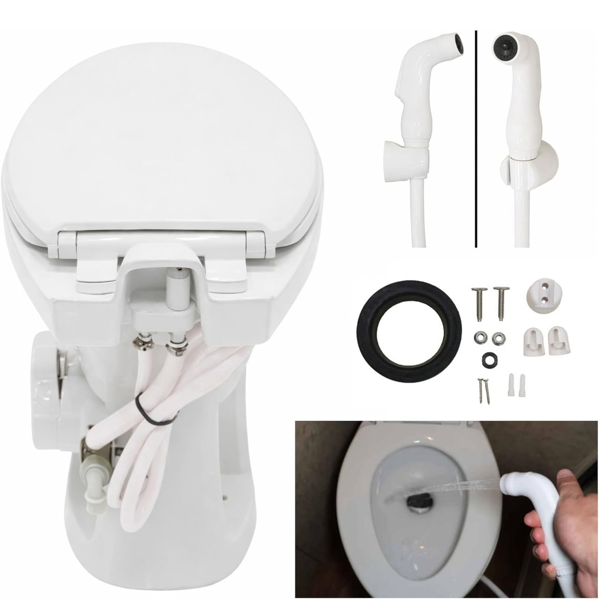 SEAFLO Porcelain RV Toilet with Sprayer Attachment - Elongated Bowl 19” Inch Residential Height, Gravity Flush, Foot Pedal Soft Close Seat Camper Motorhome Easy Install