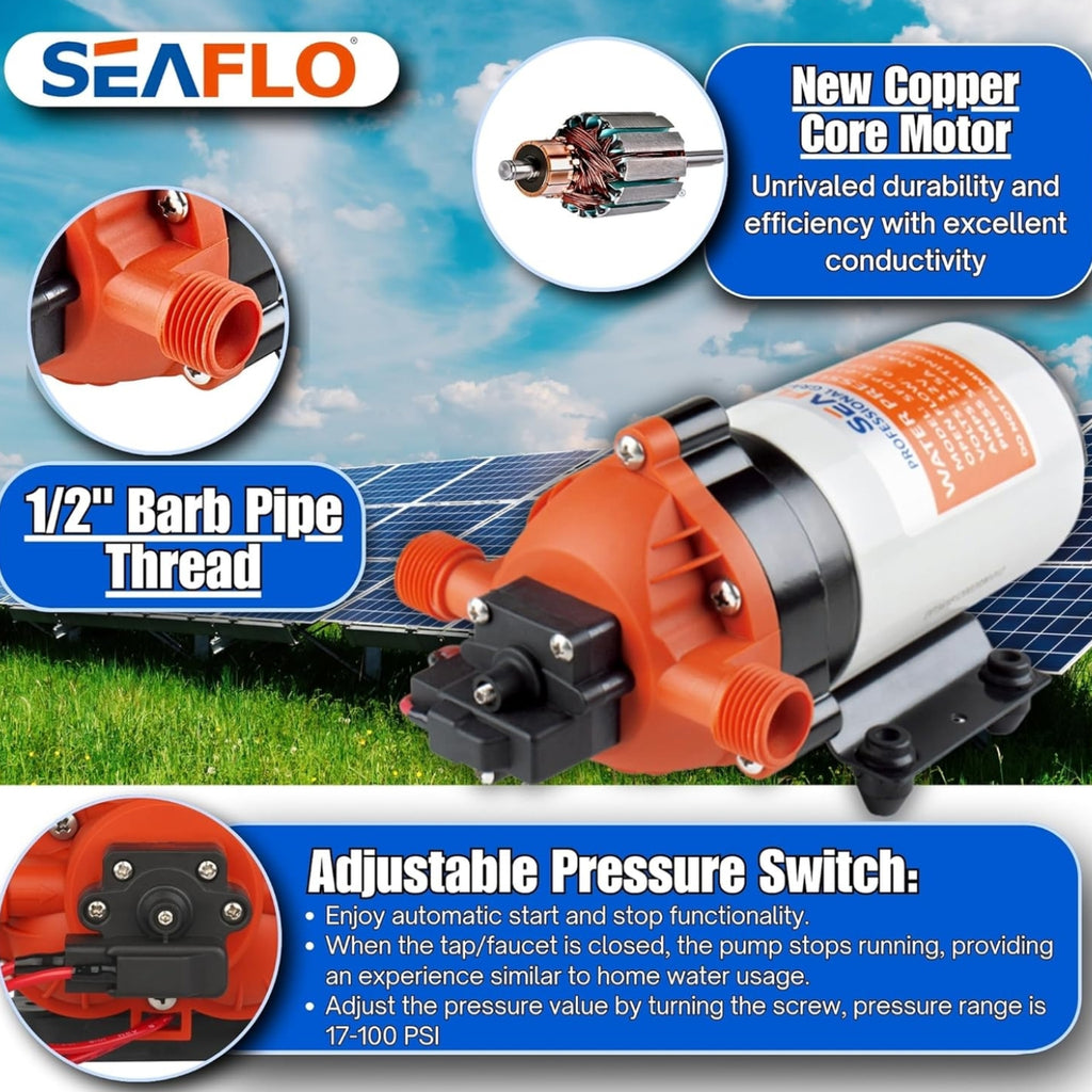 SEAFLO 34 Series Water Pressure Diaphragm Pump - Continuous Duty, Built-In Pressure Switch, Self-Priming, and 4-Year Warranty - 12V | 1.6 GPM | 100 PSI