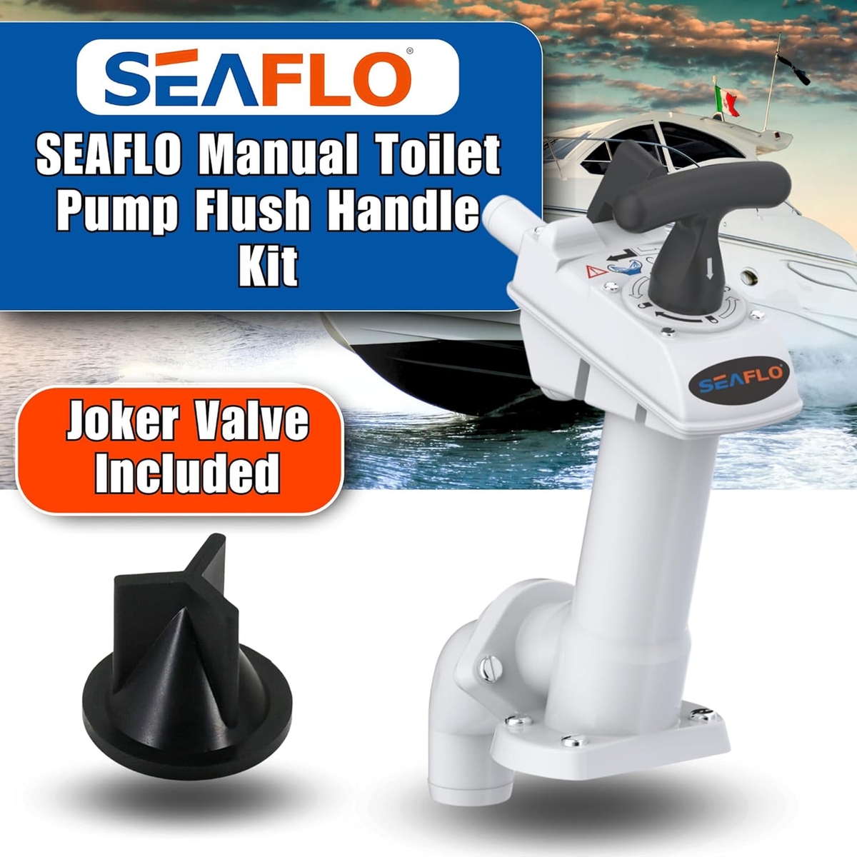 SEAFLO Manual Toilet Pump Flush Handle Kit - Compatible with SEAFLO and JABSCO Marine Toilets - Twist 'n' Lock Safety Pump Assembly for Marine Toilets