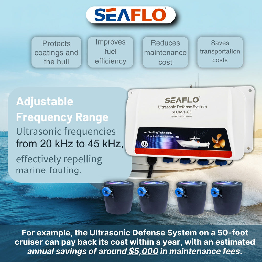 SEAFLO Ultrasonic Defense System - Fully Automated Ultrasonic Barnacle Repelling System for Boats and Yachts | 4 Transducer System | Covers 200 sq. ft. | 4-Year Warranty