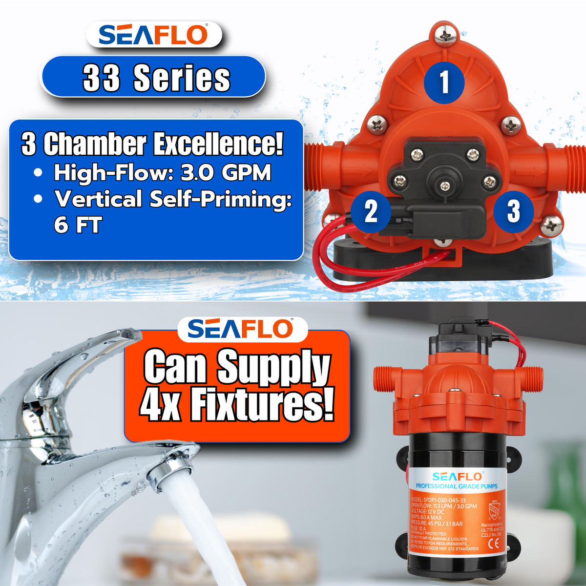 SEAFLO 33-Series Diaphragm Water Pressure Pump - 3.0 GPM | 45 PSI (Choose 12V or 24V)