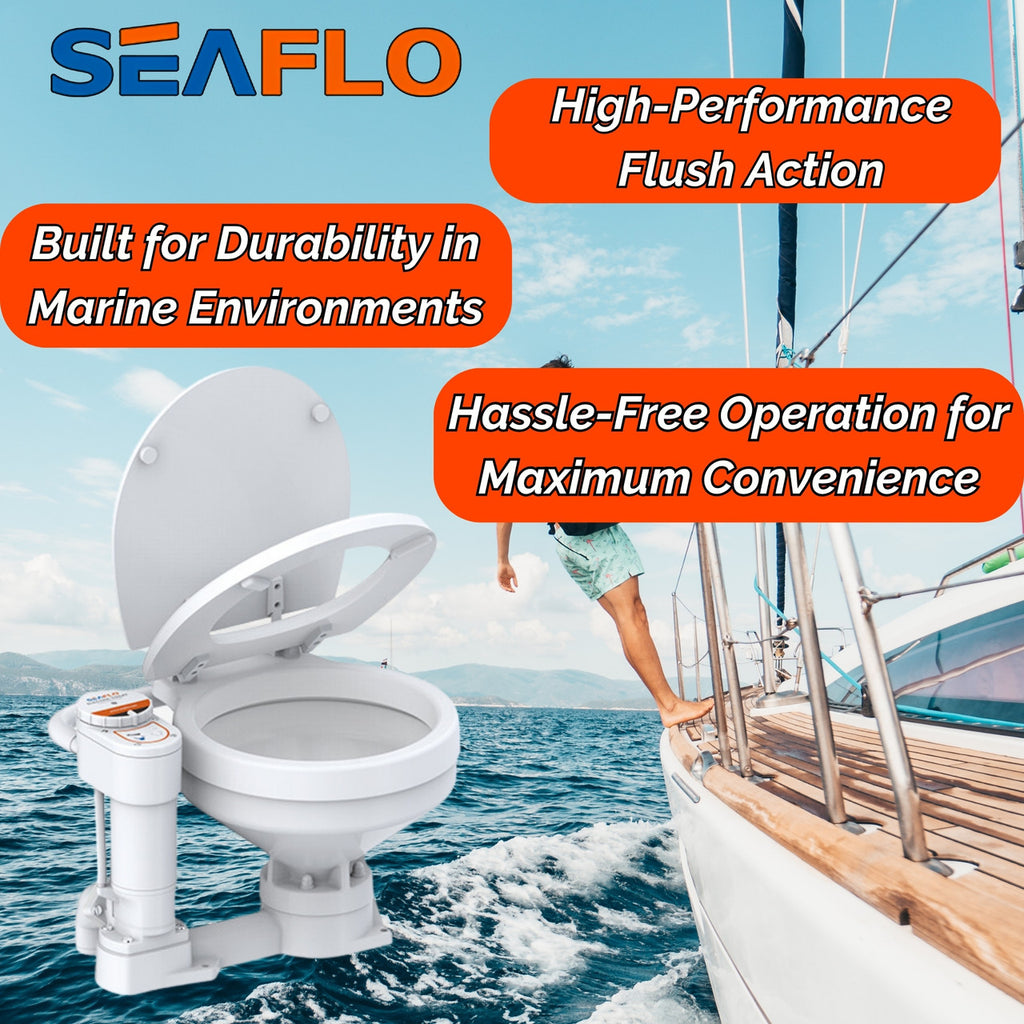 SEAFLO Electric Twist Flush Marine Toilets - Self Priming, Macerator, Rotary Control, Ceramic Bowl, Boat Yacht Toilet (Choose Compact/Regular Sizes and 12V/24V Options)