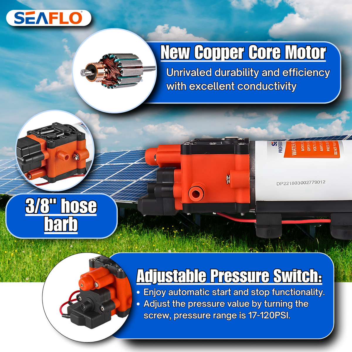 SEAFLO 22-Series On Demand Diaphragm Water Pressure Pump (1.3 GPM | 100 PSI) (Choose 12V or 24V)
