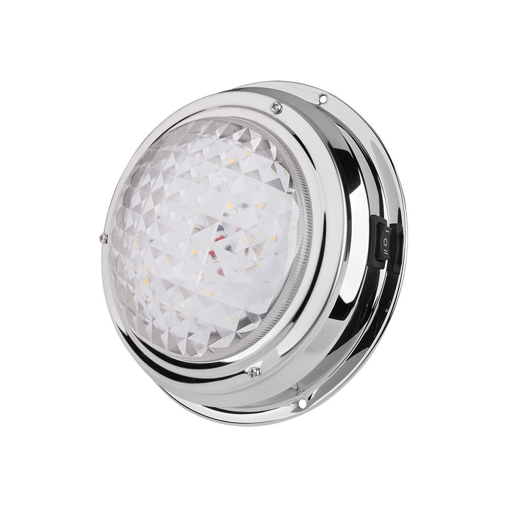 SEAFLO 6” Round Boat RV Interior Ceiling LED Dome Light – 12V 3.6W White RED Light 5500K-6300K Built-in Rocker Switch Stainless Steel Bezel Surface Mount Marine Cabin Trailer Camper –4-Year Warranty