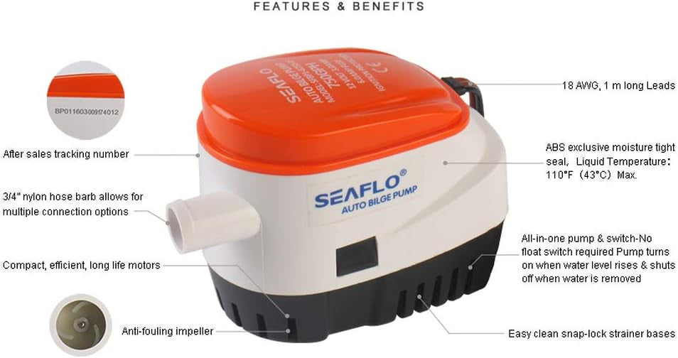 SEAFLO 06-Series 750GPH Automatic Submersible Bilge Pump with Built-In Float Switch (Choose 12V or 24V)