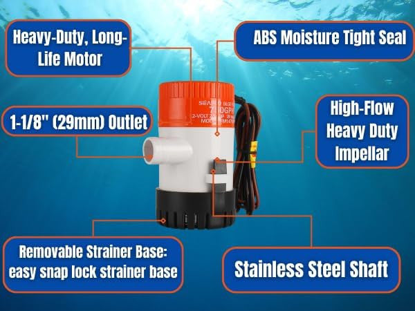 SEAFLO 01-Series 1100 GPH Submersible Marine Boat Electric Bilge Pump (Choose 12V or 24V)
