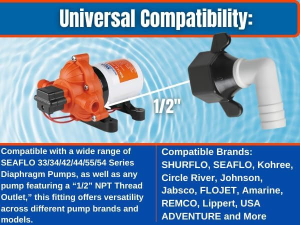 SEAFLO - (NO: 51F03) - 1/2"-14 FNPT x 1/2" Barb Angled Universal Pump Fittings for SHURFLO, SEAFLO, Circle River, Johnson, Jabsco, FLOJET, REMCO, Lippert, USA ADVENTURE and other Pumps (Choose Pack Size)