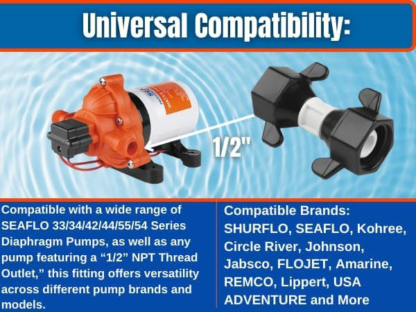 SEAFLO (NO: 51F09) 1/2" FNPT x 1/2" FNPT Barbed Straight Universal Pump Fitting for SHURFLO, SEAFLO, Circle River, Johnson, Jabsco, FLOJET, REMCO, Lippert, USA ADVENTURE and other Pumps (1-Pack)